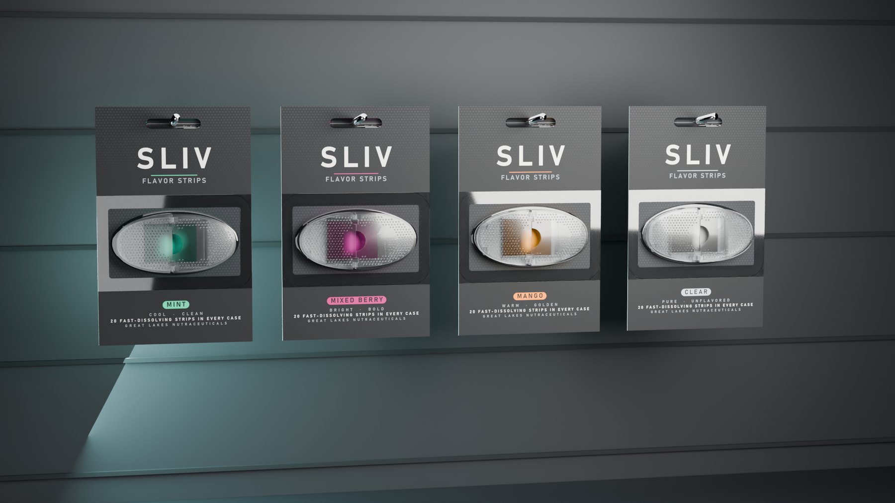 SLIV single cards on peg hooks in four flavors